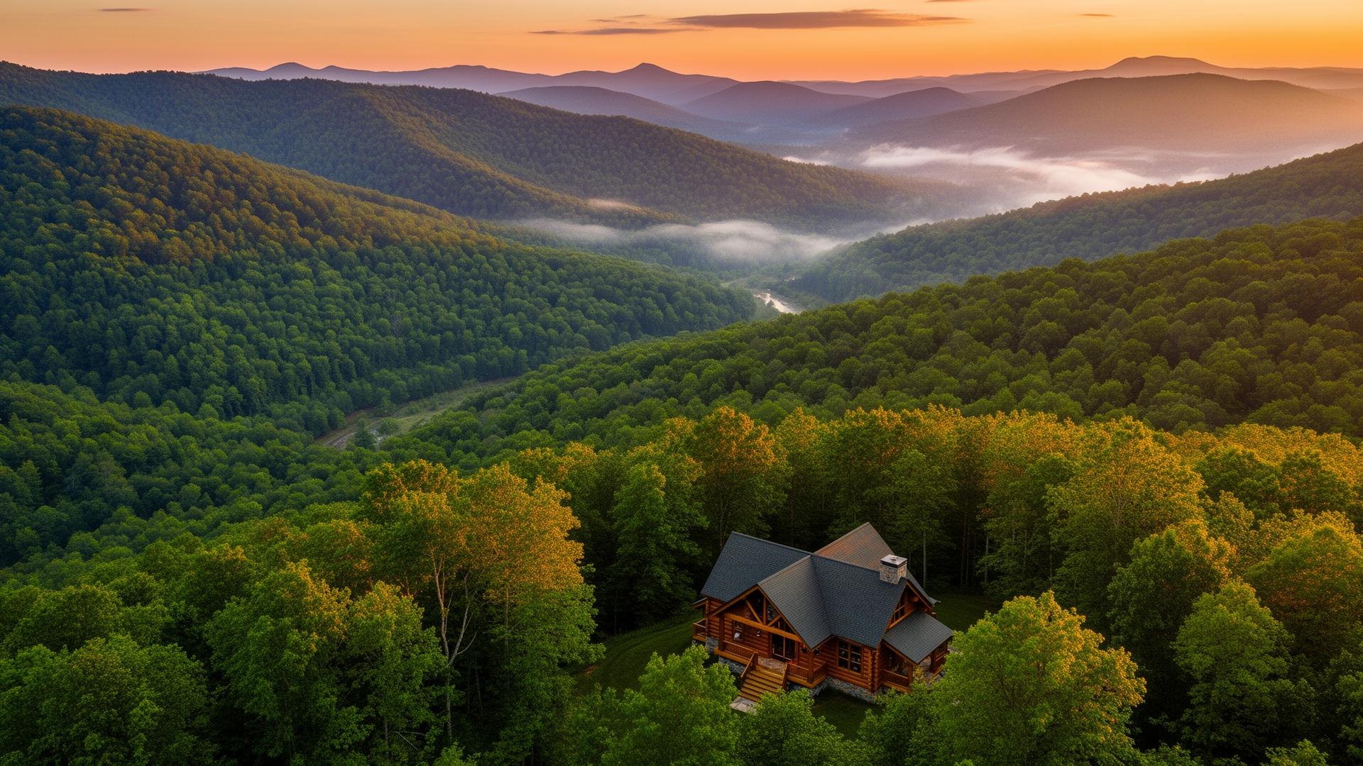 Blue Ridge mountain cabin at sunset